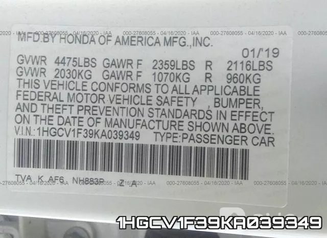 1HGCV1F39KA039349 фото 10