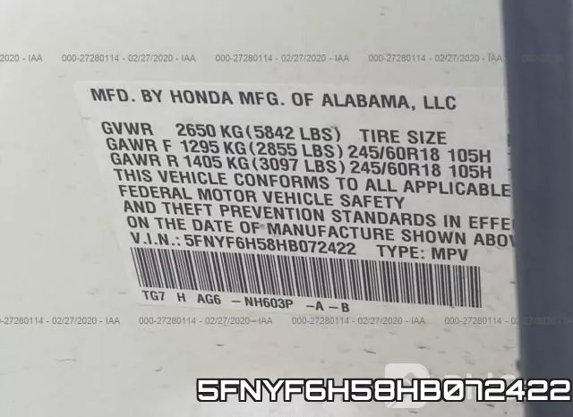 5FNYF6H58HB072422 фото 10