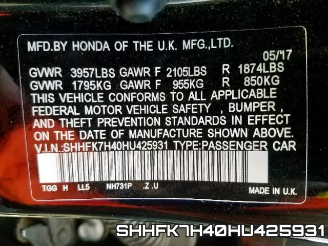 SHHFK7H40HU425931 фото 2