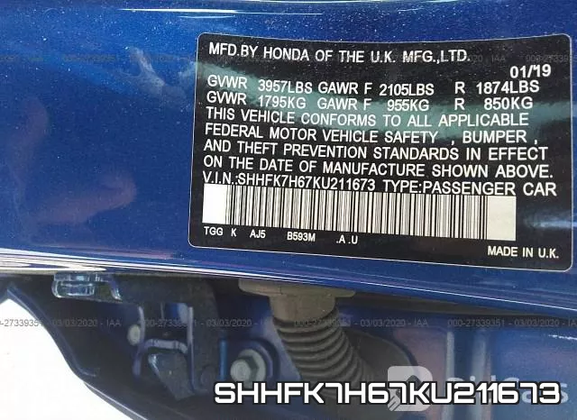 SHHFK7H67KU211673 фото 10