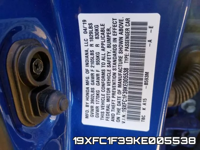 19XFC1F39KE005538 фото 2