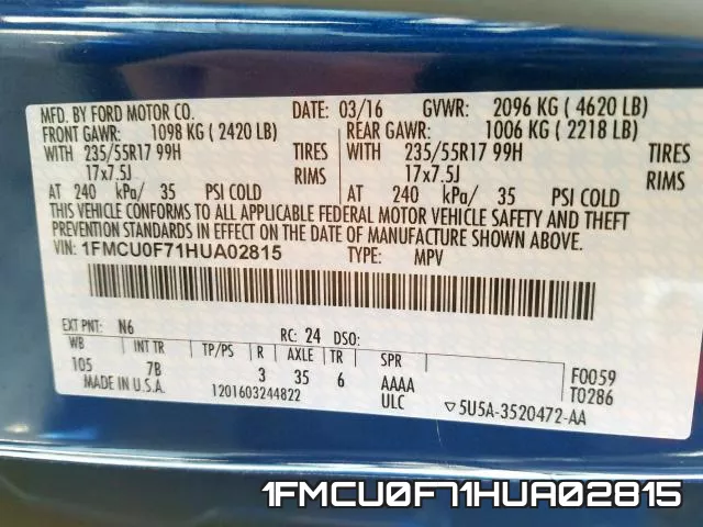1FMCU0F71HUA02815 фото 2