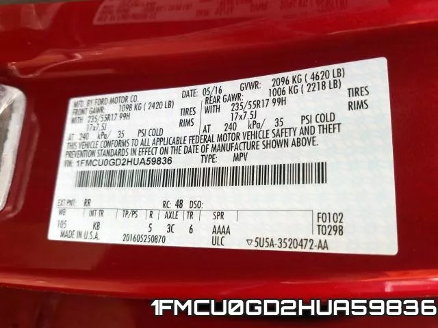 1FMCU0GD2HUA59836 фото 2