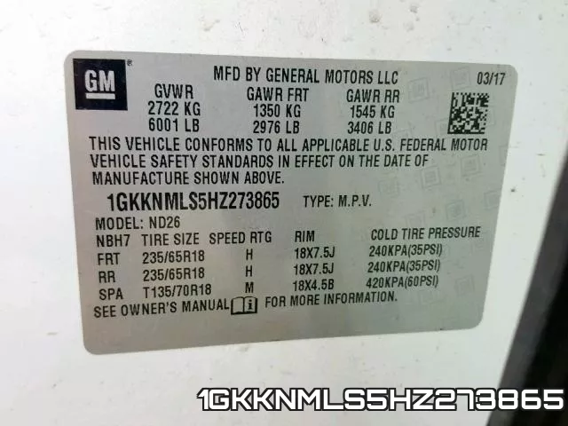 1GKKNMLS5HZ273865 фото 2