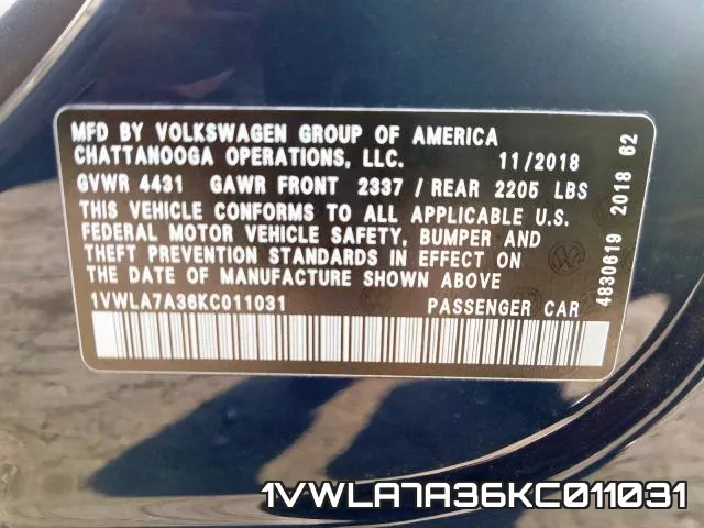 1VWLA7A36KC011031 фото 2