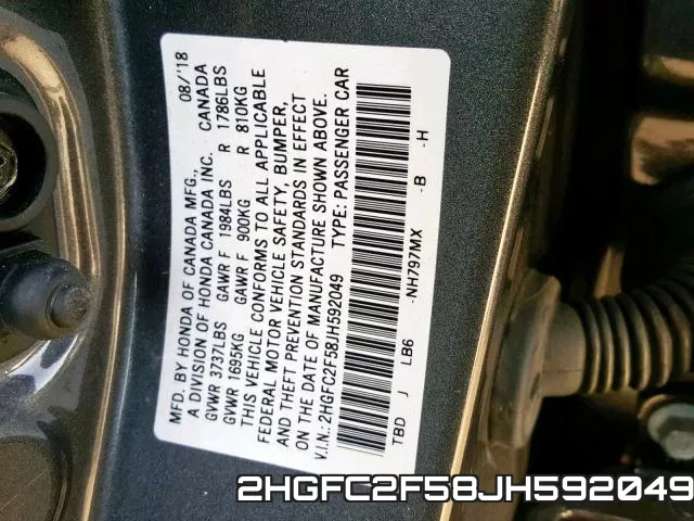 2HGFC2F58JH592049 фото 2