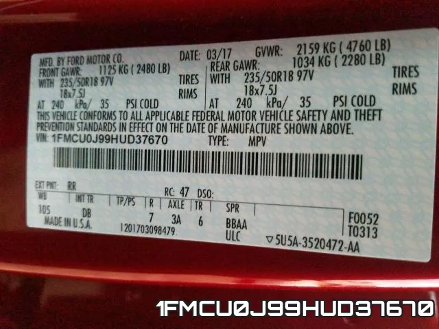 1FMCU0J99HUD37670 фото 2