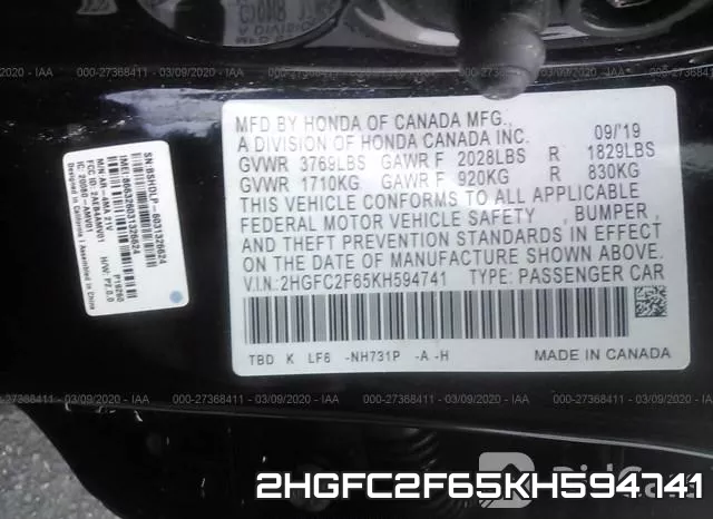 2HGFC2F65KH594741 фото 10