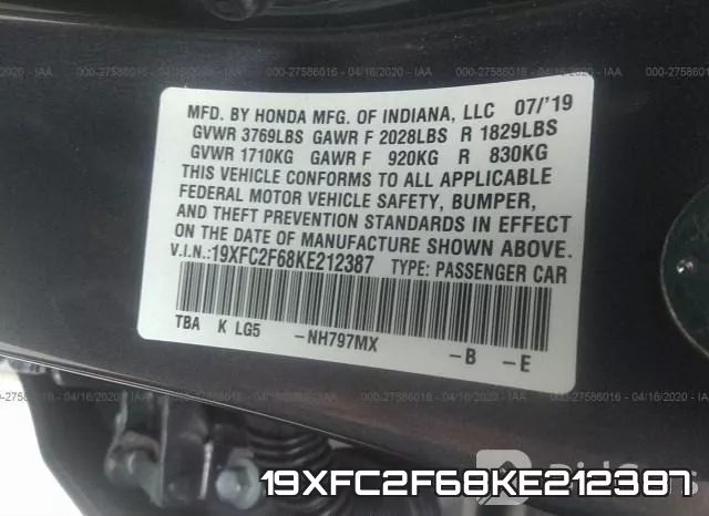 19XFC2F68KE212387 фото 10