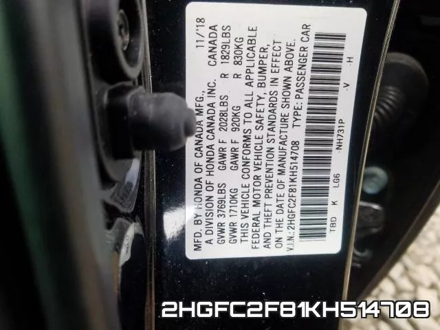 2HGFC2F81KH514708 фото 2