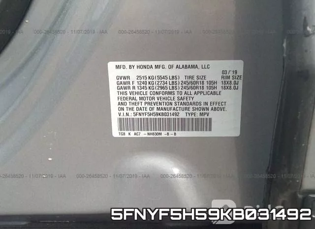5FNYF5H59KB031492 фото 10