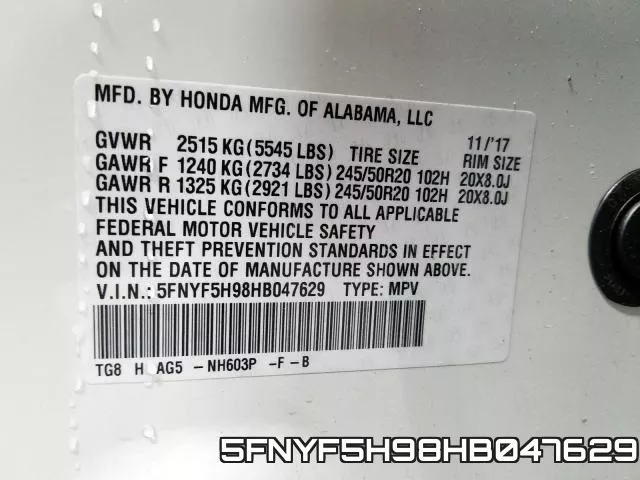 5FNYF5H98HB047629 фото 2