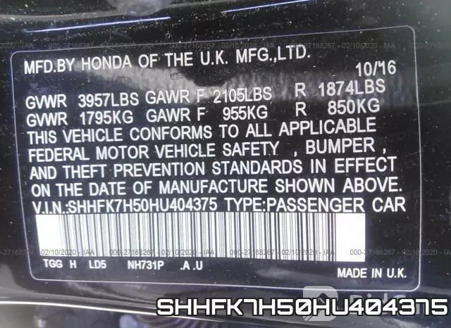 SHHFK7H50HU404375 фото 10