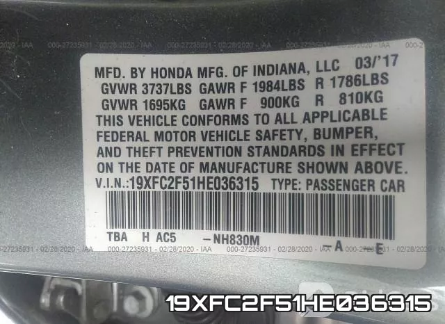 19XFC2F51HE036315 фото 10