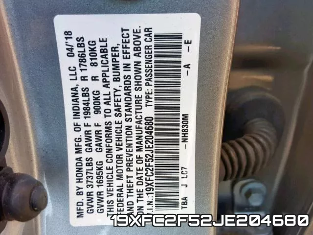19XFC2F52JE204680 фото 2
