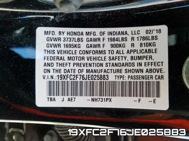 19XFC2F76JE025883 фото 2