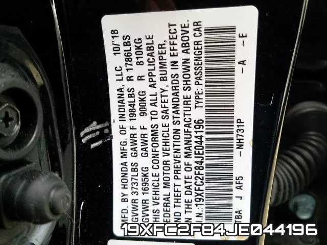 19XFC2F84JE044196 фото 2