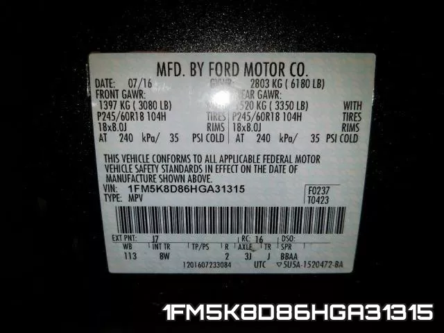 1FM5K8D86HGA31315 фото 2
