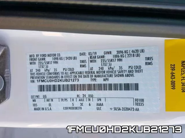1FMCU0HD2KUB21273 фото 2