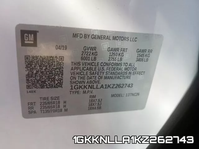 1GKKNLLA1KZ262743 фото 2