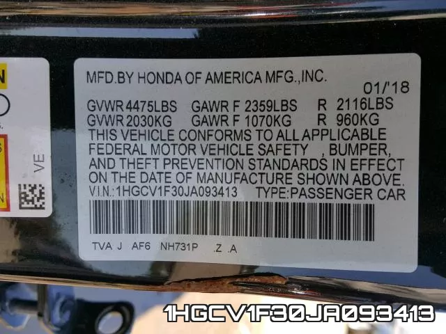 1HGCV1F30JA093413 фото 2