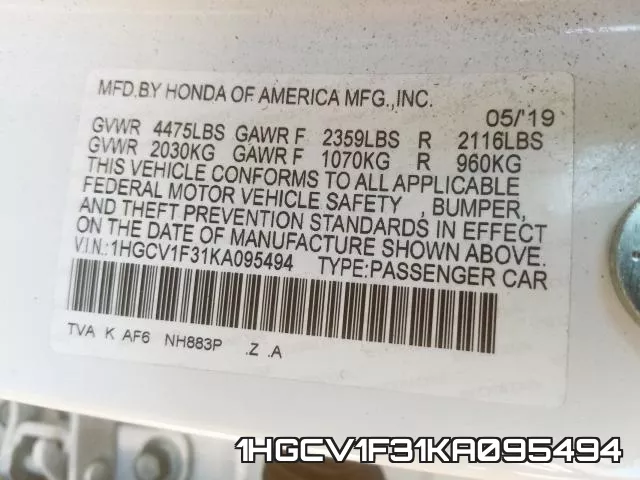 1HGCV1F31KA095494 фото 2