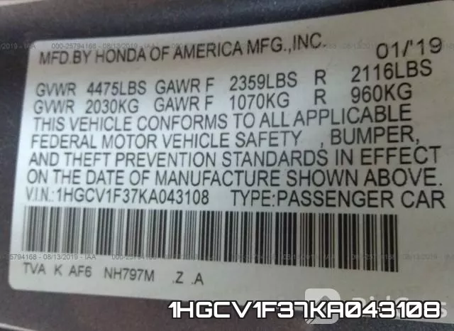 1HGCV1F37KA043108 фото 10