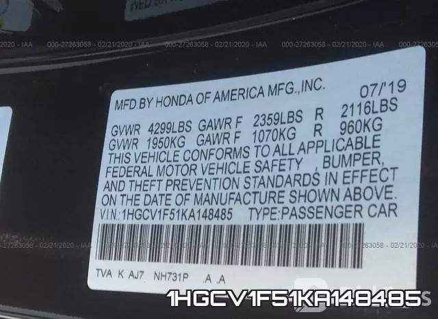 1HGCV1F51KA148485 фото 10