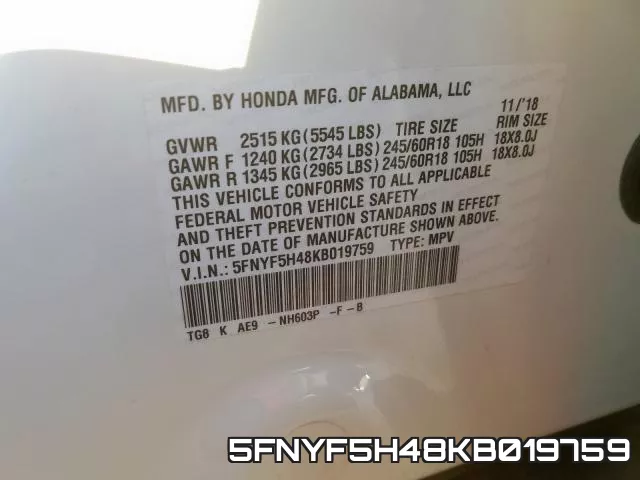 5FNYF5H48KB019759 фото 2