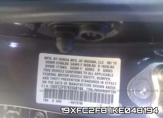19XFC2F87KE048194 фото 10