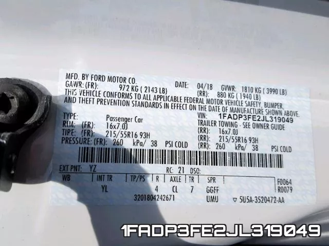 1FADP3FE2JL319049 фото 2