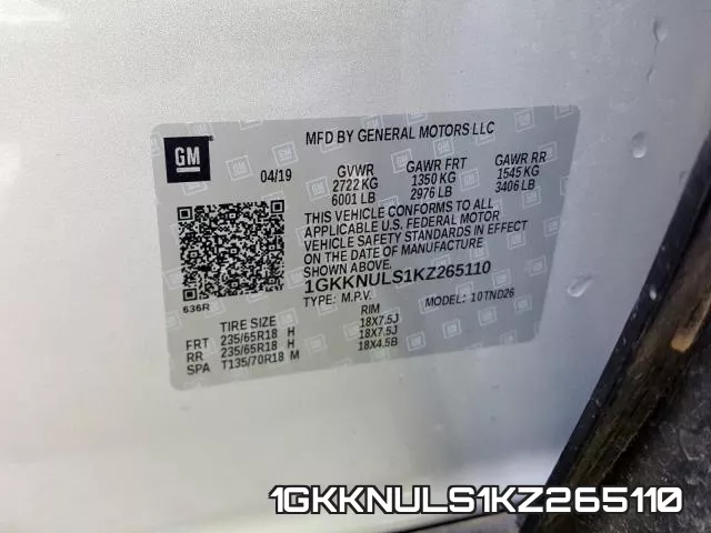 1GKKNULS1KZ265110 фото 2