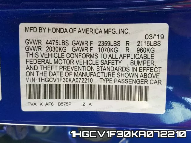 1HGCV1F30KA072210 фото 2