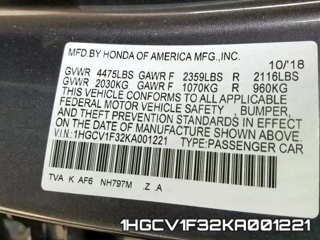 1HGCV1F32KA001221 фото 2