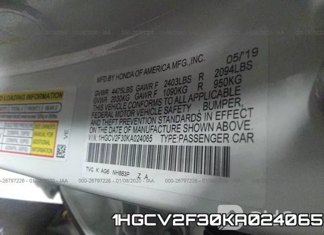 1HGCV2F30KA024065 фото 10