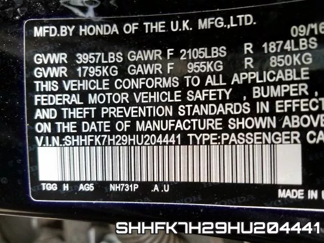 SHHFK7H29HU204441 фото 2