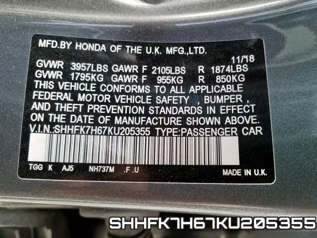 SHHFK7H67KU205355 фото 2