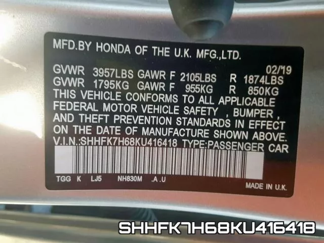 SHHFK7H68KU416418 фото 2