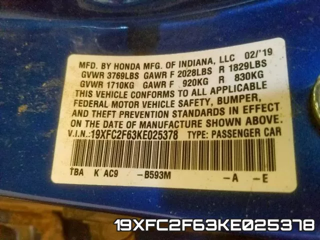 19XFC2F63KE025378 фото 2