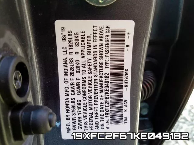 19XFC2F67KE049182 фото 2