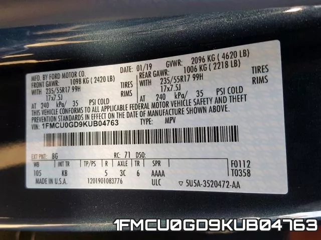 1FMCU0GD9KUB04763 фото 2