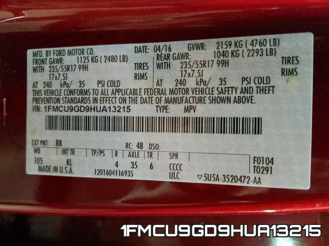 1FMCU9GD9HUA13215 фото 2