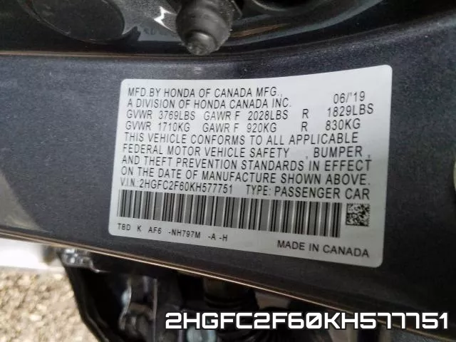 2HGFC2F60KH577751 фото 2