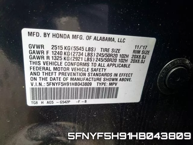 5FNYF5H91HB043809 фото 2