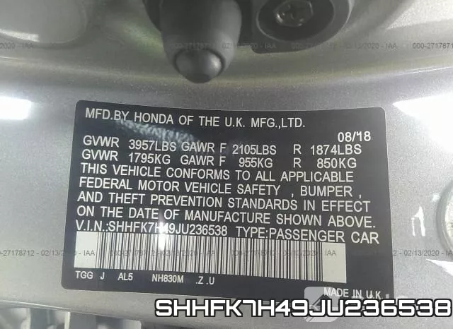 SHHFK7H49JU236538 фото 10