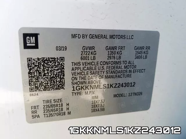 1GKKNMLS1KZ243012 фото 2