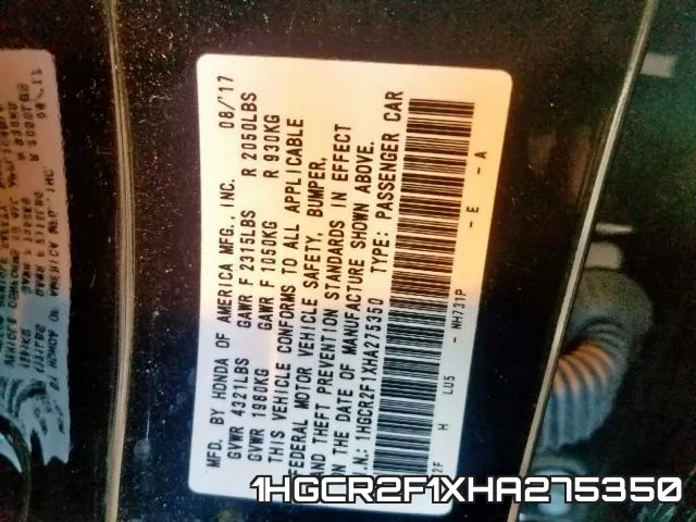 1HGCR2F1XHA275350 фото 2