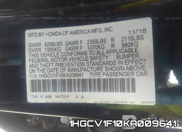 1HGCV1F10KA009641 фото 10