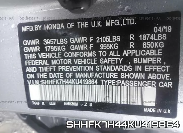 SHHFK7H44KU419864 фото 10