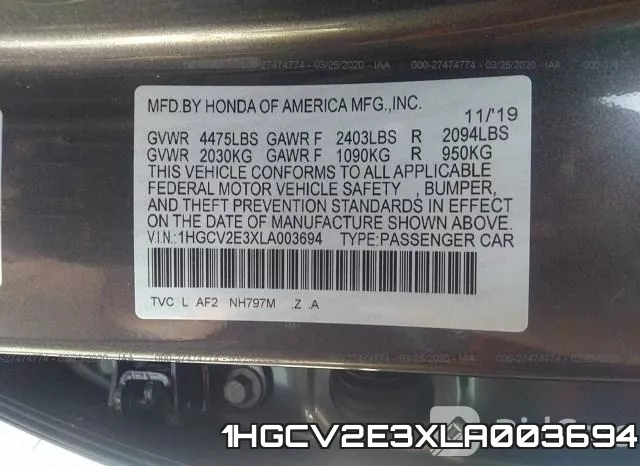 1HGCV2E3XLA003694 фото 10